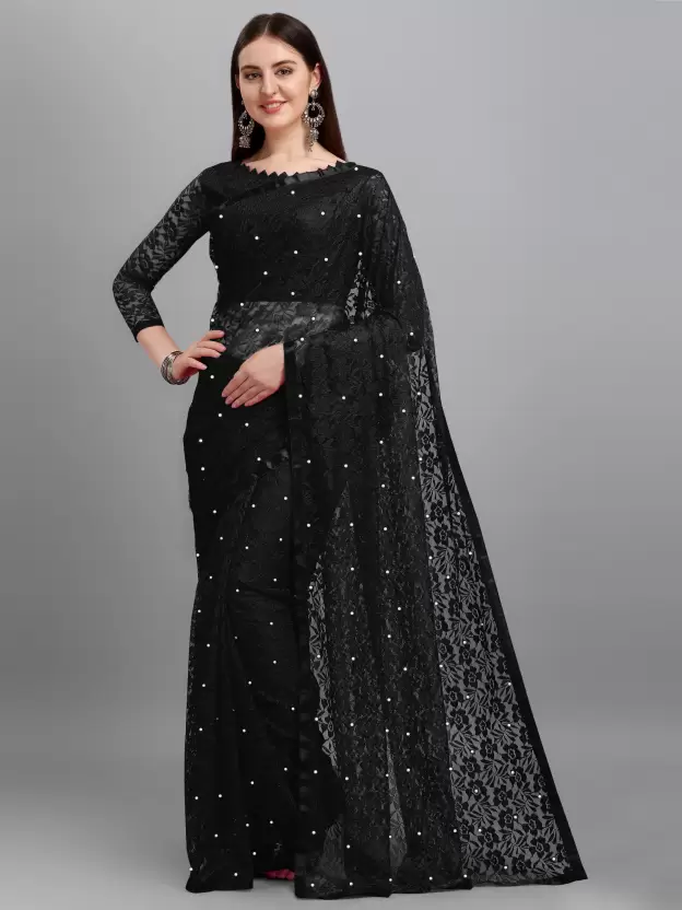 Self Design Bollywood Net Saree (Black)